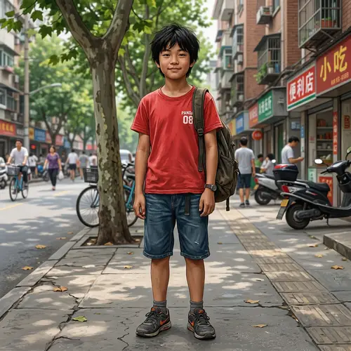 Detailed Illustration of Chinese Boy | 12-Year-Old in Blue Denim Shorts