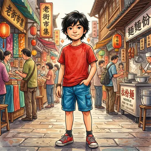 East Asian Boy Illustration with Black Hair, Denim Shorts & Red T-Shirt