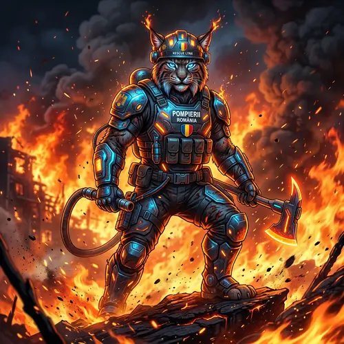 Futurist Animal Avatar for Romanian Firefighters in Dynamic Flames