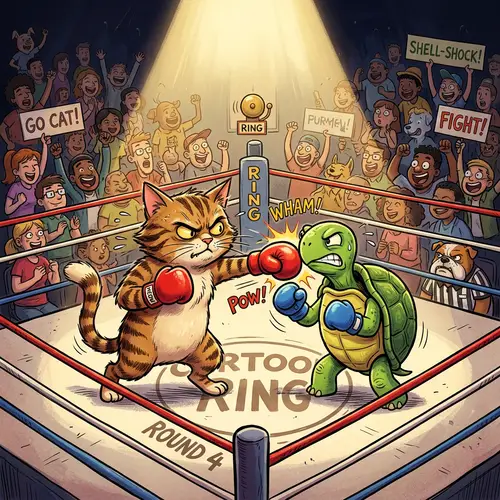 Comical Tabby Cat vs. Green Turtle Boxing Match Illustration