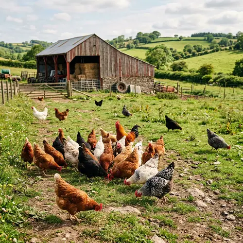 Free-Roaming Chickens Pecking for Food in Rural Setting
