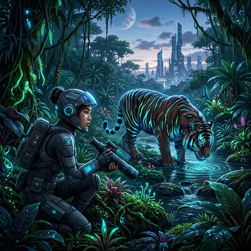 Exotic Jungle Sci-Fi Encounter with Bengal Tiger
