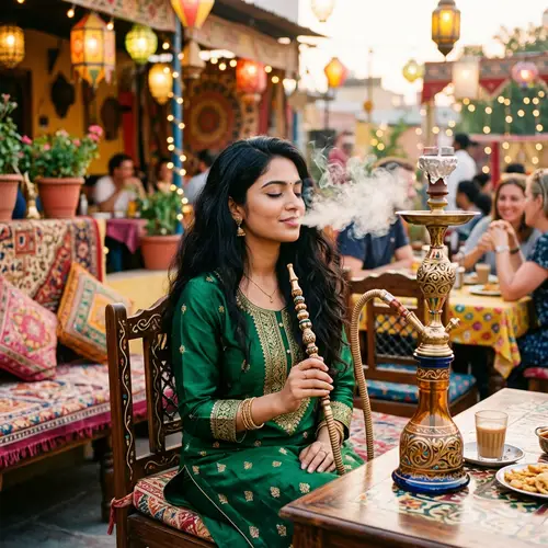 South Asian Woman with Stylish Shisha Pipe | Colorful Restaurant Setting