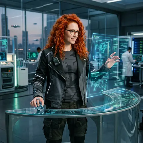 Futuristic Technological Enthusiast with Striking Red Hair
