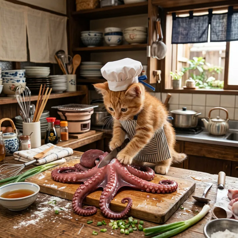 Humorous Cat Cooking Octopus in Japanese Kitchen