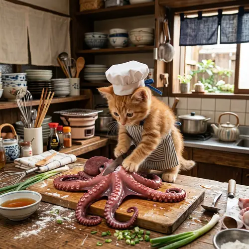 Humorous Cat Cooking Octopus in Japanese Kitchen