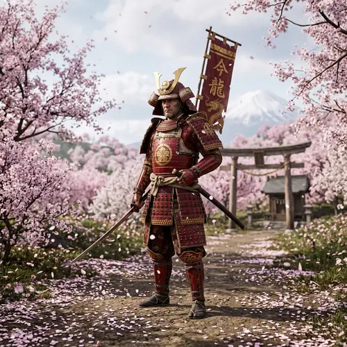 Realistic Samurai Warrior in Red Armor with Gold Inlays
