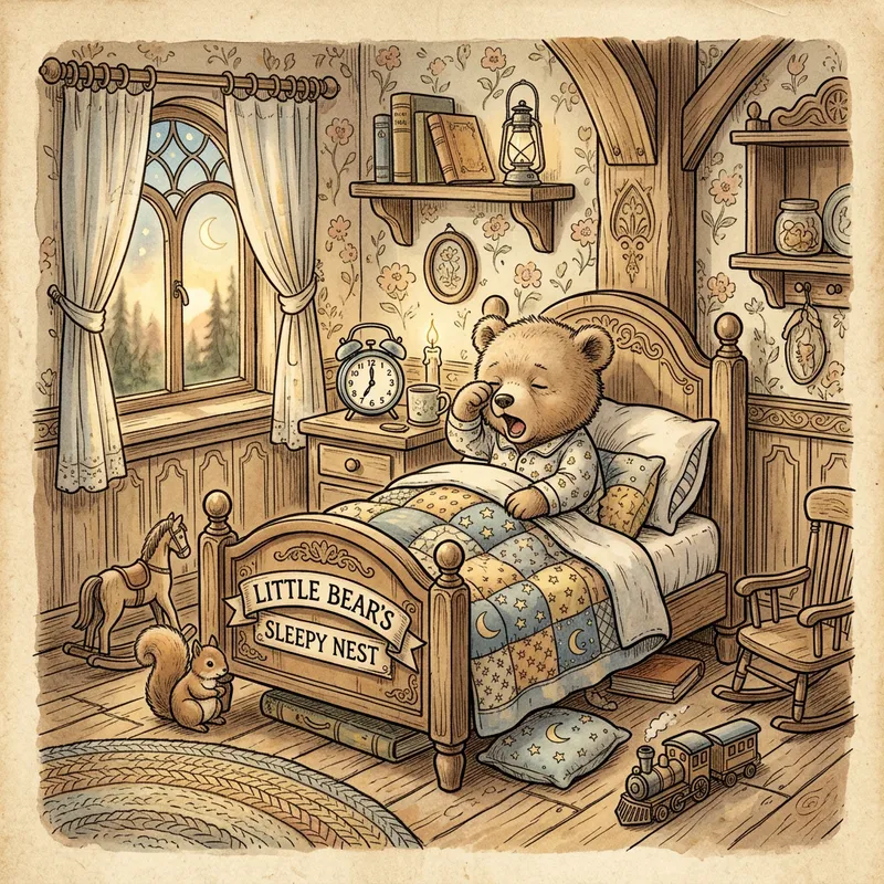 Whimsical Baby Bear Waking Up in Tiny Bed