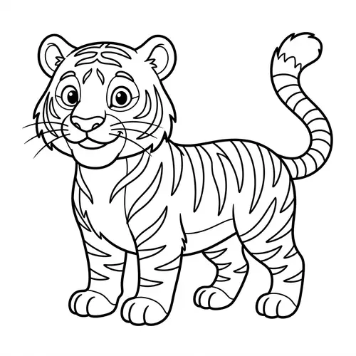 Cute Tiger Coloring Page for Kids | Black and White Sketch