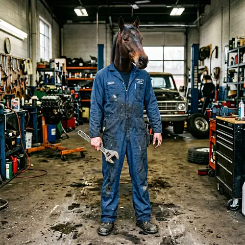 Man in Blue Work Clothes with Horse Head and Wrench