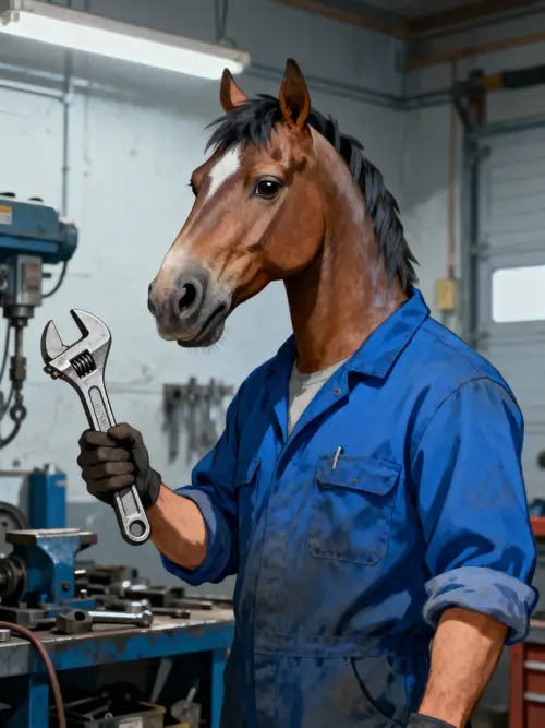 Man in Blue Work Clothes with Horse Head and Wrench