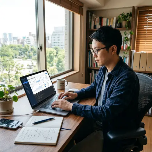 Tech-Savvy Asian Man Crafting Detailed Evaluation with Advanced AI Tools