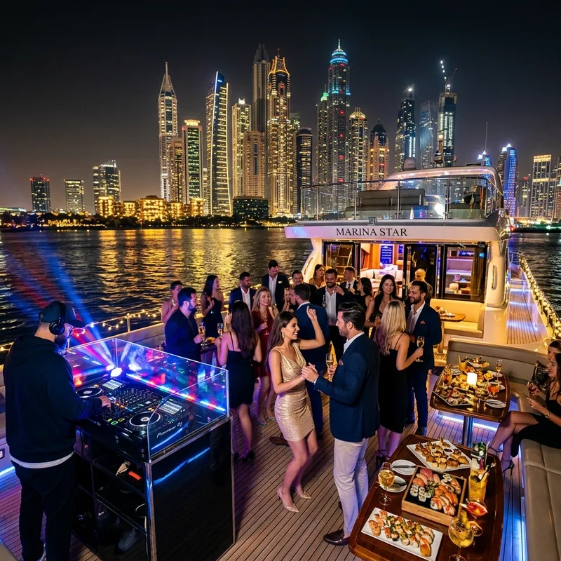 Luxury Yacht Party in Dubai Marina at Night Luxury Yacht Party in Dubai Marina at Night