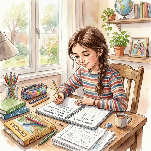 Hispanic Girl Doing Schoolwork at Desk - Watercolor Painting Style