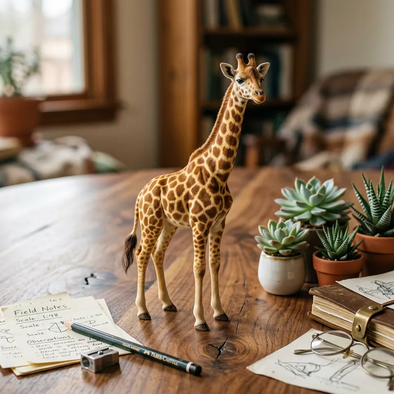 Realistic Miniature Giraffe Sculpture on Wooden Table