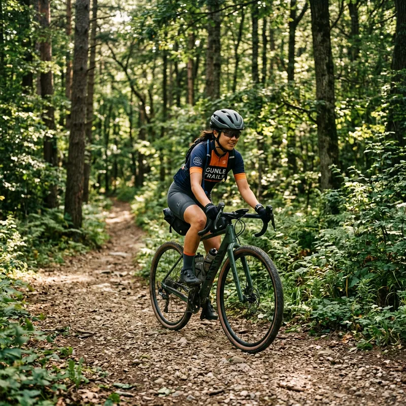 Asian Female Cyclist Riding Gravel Bike in Dense Gunle Forest Asian Female Cyclist Riding Gravel Bike in Dense Gunle Forest