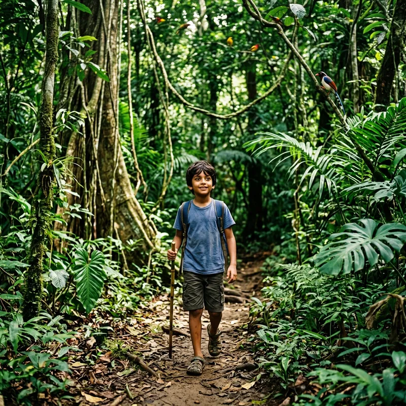 Boy Walking Through Lush Jungle Wilderness