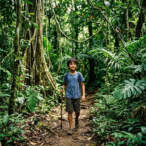 Young South Asian Boy Navigating Dense Tropical Jungle
