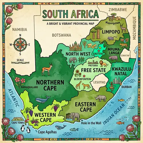 Green South Africa Map - Vibrant Shades Outlined Provinces