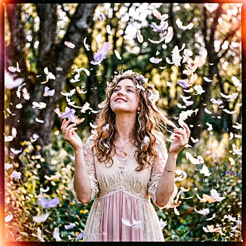 Dreamy Portrait of Girl Surrounded by Floating Feathers