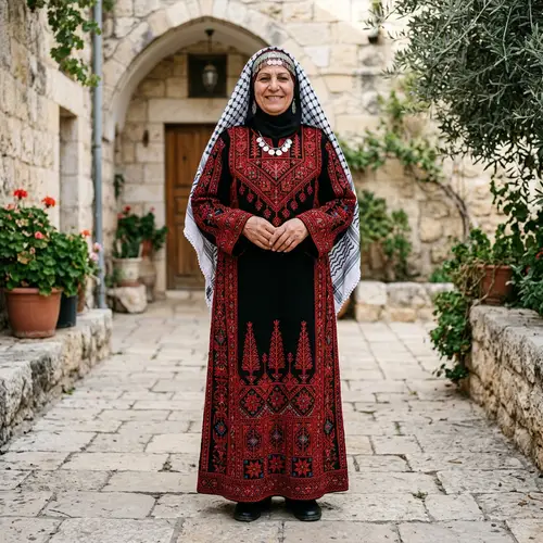 Palestinian Woman Traditional Clothing Black Dress with Red Cross Stitching
