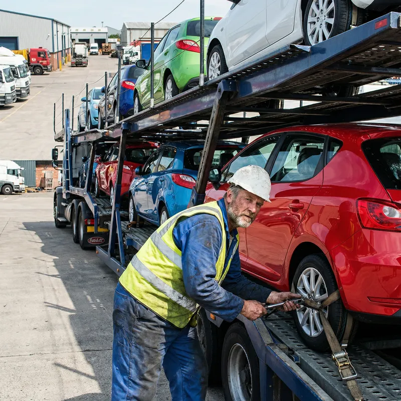 Car Carrier Man at Work: Industrial Zone Scene