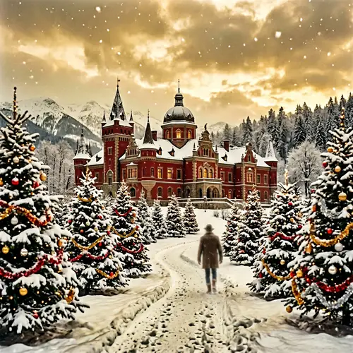Enchanting Snowy Fairytale: Historic Red Building Amidst Christmas Trees