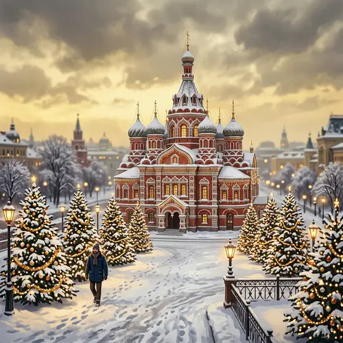 Snow-Covered Building in a Festive Morning Scene
