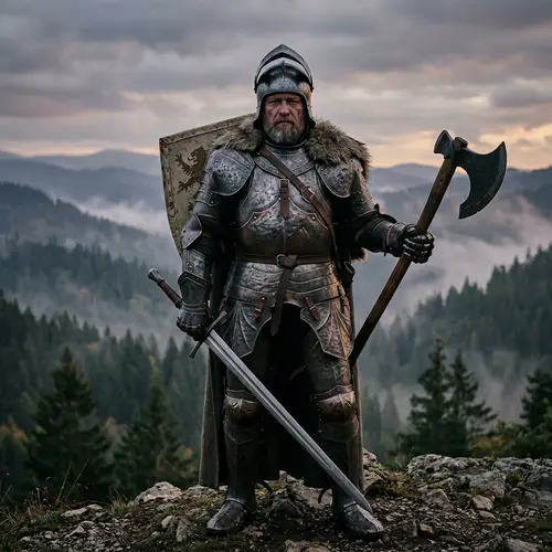 Heavy Armored Warrior with Sword and Axe