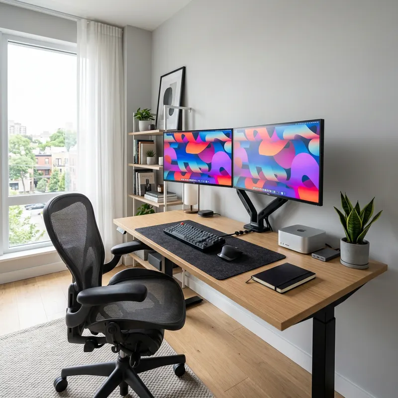 Sleek Modern Office Desk with High-Resolution Monitors Sleek Modern Office Desk with High-Resolution Monitors