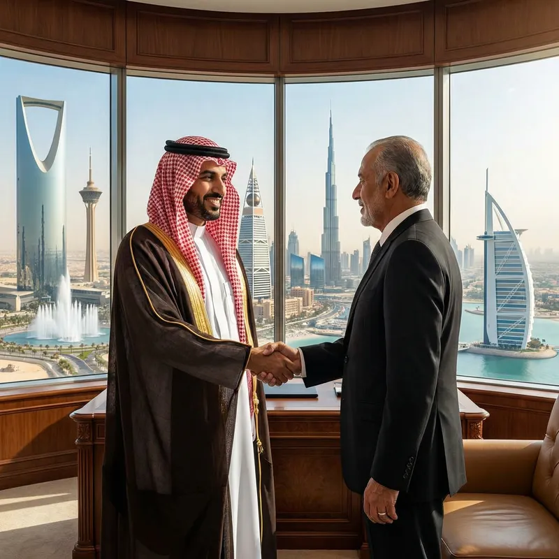 Saudi & Dubai Businessmen Meeting by Landmark Skyline in Luxury Office Saudi & Dubai Businessmen Meeting by Landmark Skyline in Luxury Office