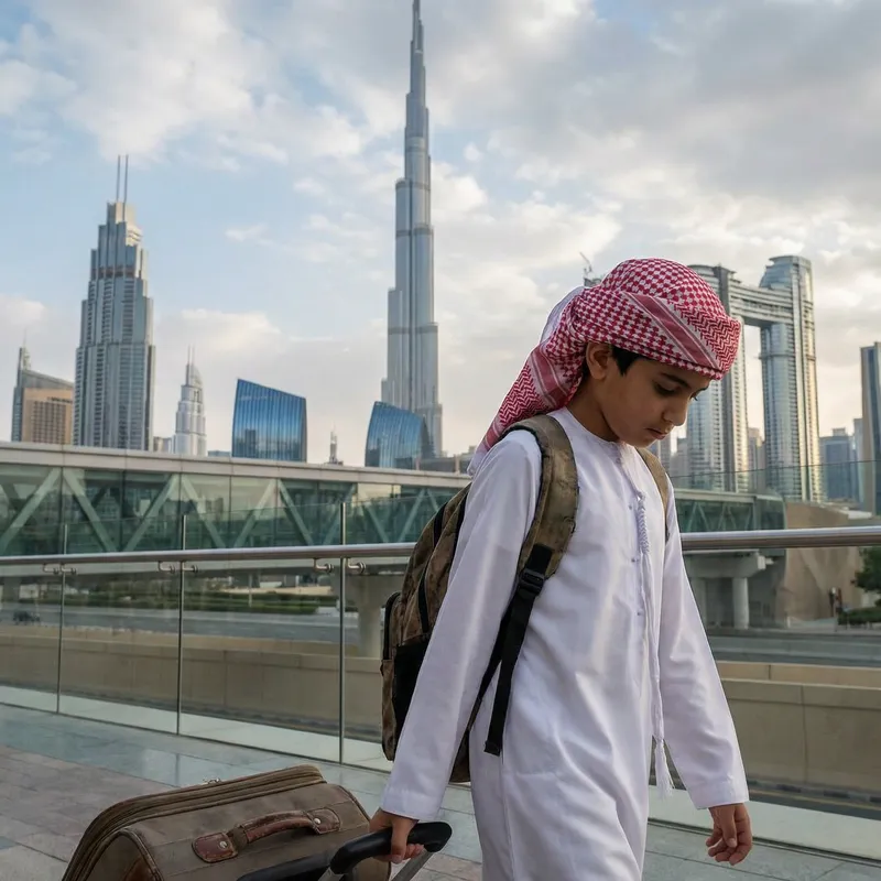 Sad Saudi Kid in Traditional Dress Departs Dubai