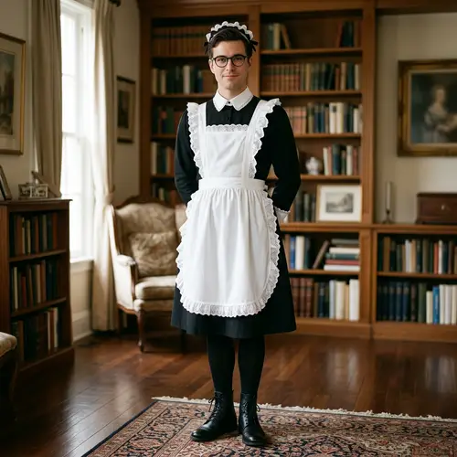 Confident Male Character in Maid Outfit with Glasses