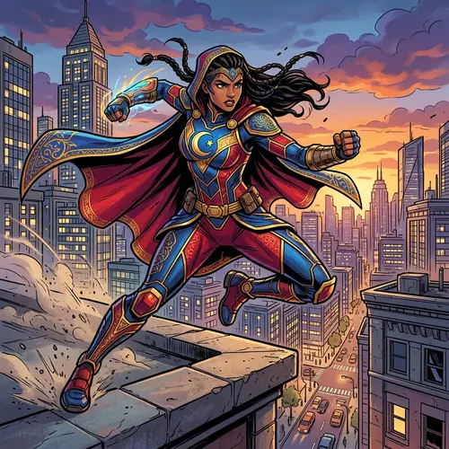 Dynamic South Asian Female Superhero in Striking Costume