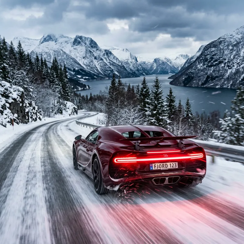 Elegant Maroon Bugatti Chiron Speeding on Norwegian Road Elegant Maroon Bugatti Chiron Speeding on Norwegian Road