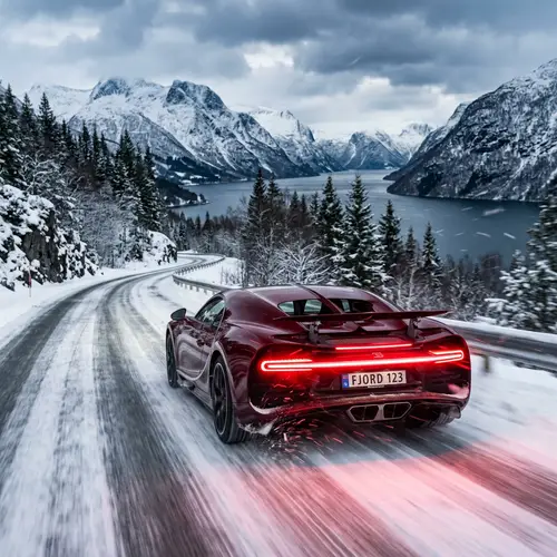Luxury Maroon Sports Car Speeding Through Norwegian Winter Wonderland