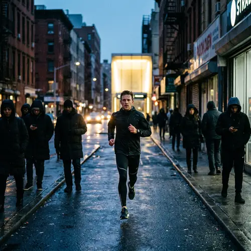Determined Man Running Through Dark City towards Light