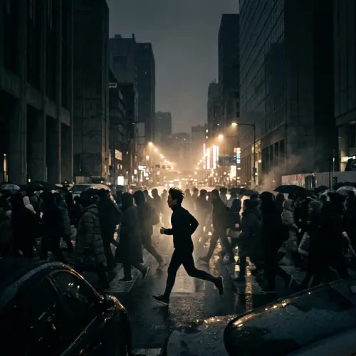 Dramatic Night Run in City: Enigmatic Escape to Light