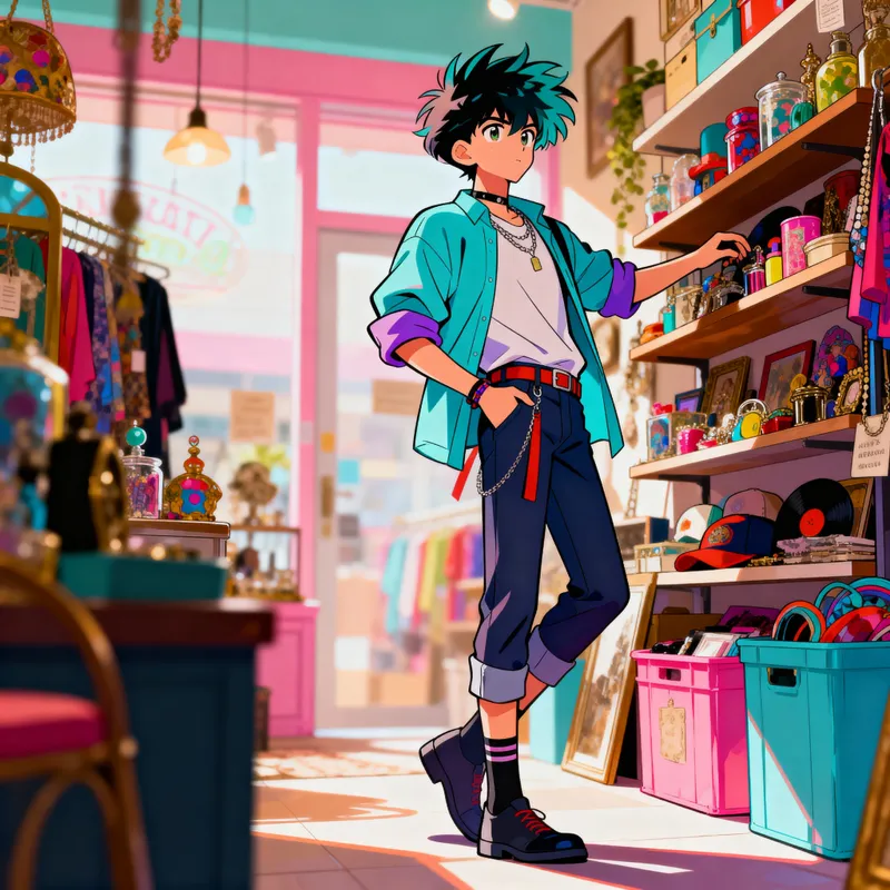 Stylish Anime Character in Eclectic Thrift Store