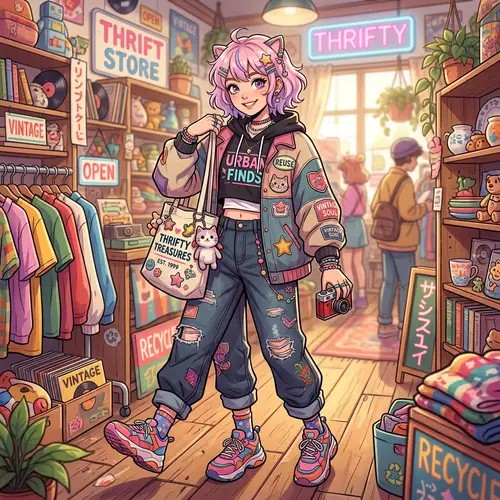 Stylish Anime Character in Eclectic Thrift Store