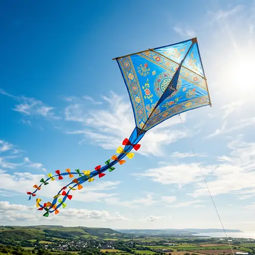 Vibrant Blue Traditional Kite Soaring High in Clear Blue Sky
