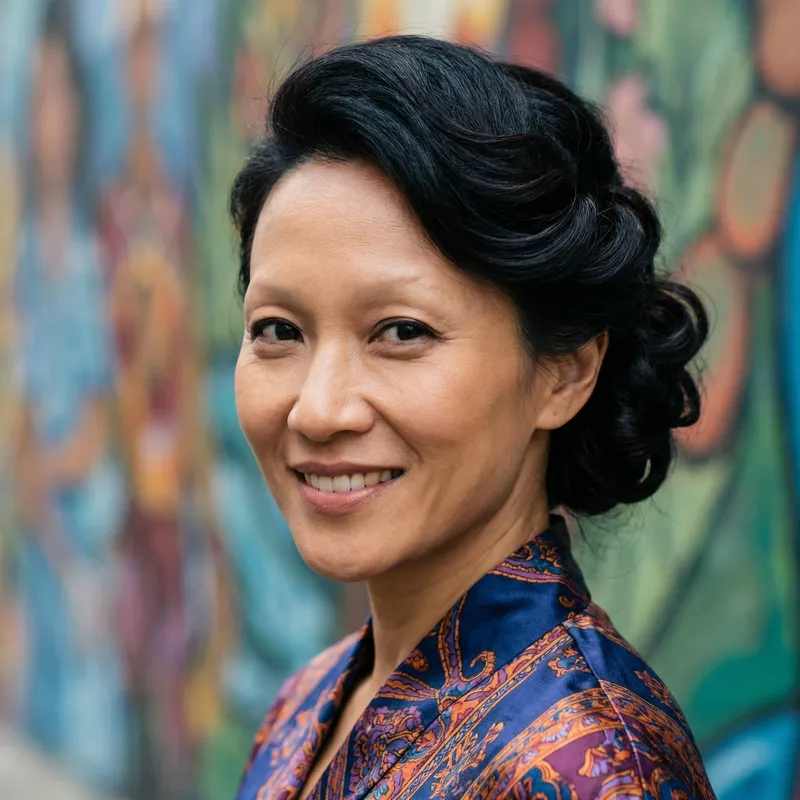 Colorful Asian Woman Headshot with Unique Features