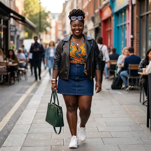 Trendy Plus-Size African Woman in Mini Skirt & Handbag