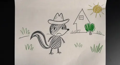Child-Like Drawing of a Sad Skunk in Cowboy Hat