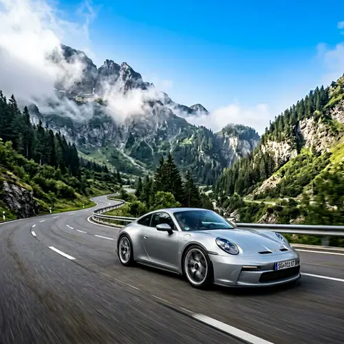 Sleek Silver Car Speeding through Mountain Scenery