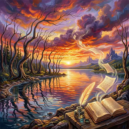 Surrealist Sunset Landscape at Peaceful Lake with Dreamlike Elements