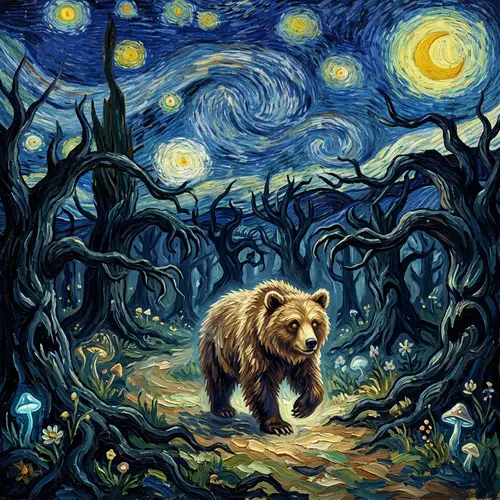 Magical Bear Navigates Whimsical Forest with Scary Tree Monsters