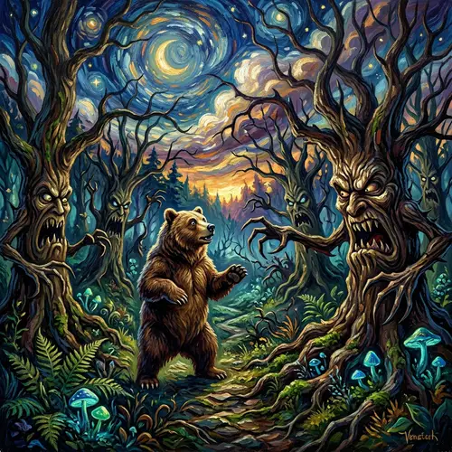 Whimsical Forest Scene with Fairy-Tale Bear & Scary Tree Monsters