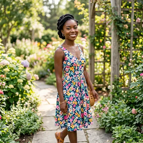Elegant Black Woman in Floral Dress with Updo Hair