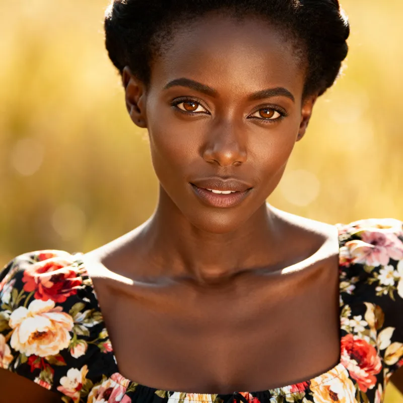 Elegant Black Woman in Floral Dress with Updo Hair